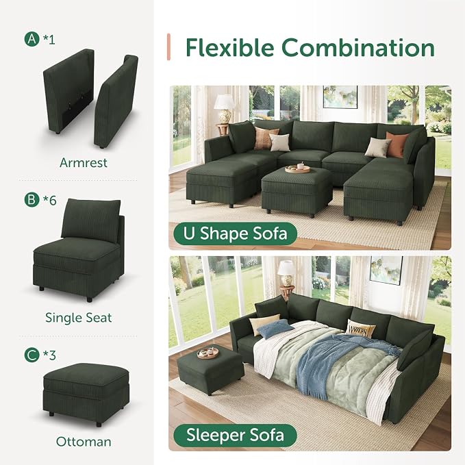 HONBAY Modular Sectional Sofa with Storage, U Shaped Couch Modular Convertible Sectional Couches for Living Room - Green