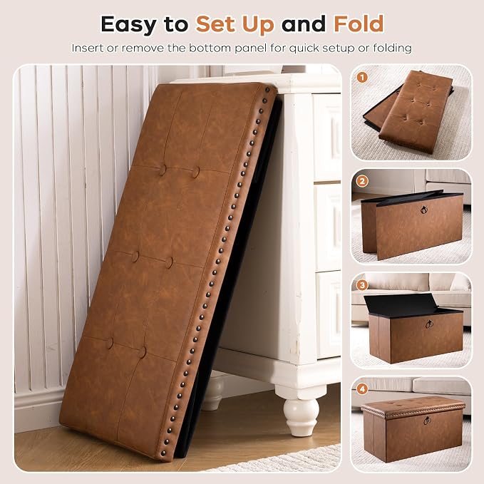 oakvivo 30 Inches Folding Storage Ottoman Bench, PU Leather Tufted End of Bed Bench, Foot Rest with Rivet Design, Ottoman with Storage, Load 330 lb, for Living Room, Bedroom, Entryway, Brown