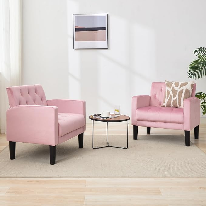 TYBOATLE Accent Chairs Set of 2, Mid Century Modern Upholstered Tufted Living Room Chair for Bedroom, Armchair Single Sofa,Reading Lounging Side Lounge Office Chair (Pink)