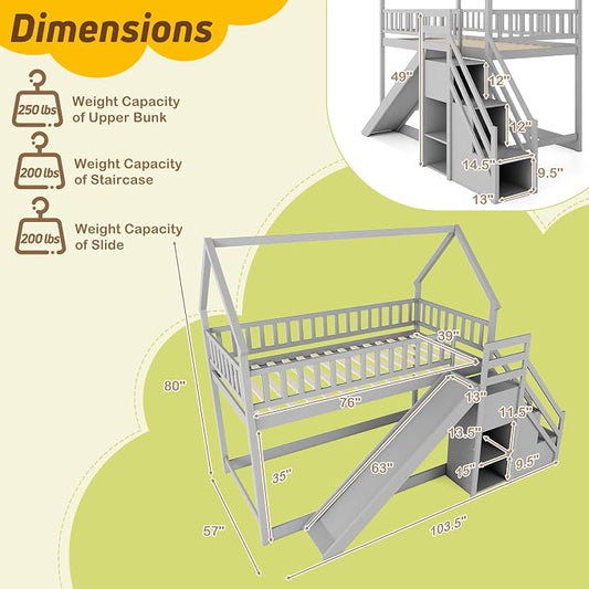 Giantex House Bunk Bed Twin Over Twin with Slide & Stairs, Wood Bunk Bed with Storage Shelves, No Box Spring Needed, Twin Floor Bed for Kids Teens Boys Girls (Grey)