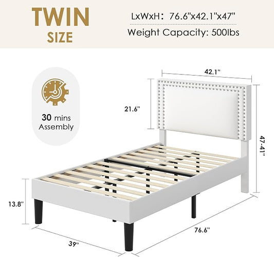 VECELO Twin Size Platform Bed Frame with Height Adjustable Upholstered Headboard, Modern Mattress Foundation,Strong Wood Slat Support, No Box Spring Needed, Easy Assembly,White