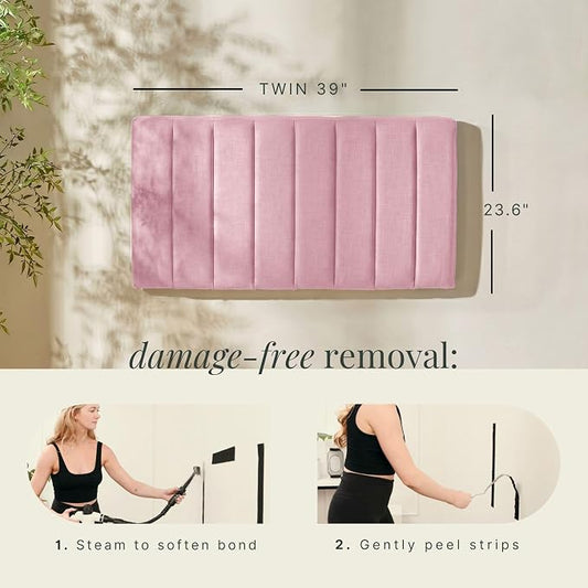 Hearth & Harbor Wall Mounted Twin Headboard Only, Bed Headboard Twin Size | Easy Assemble, Floating Peel and Stick, Upholstered, Channel Stitched, 3D Wall Panels, 5 Strips of 3M Tape Included, Pink