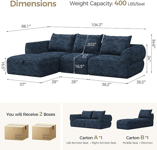 104" Modular Sectional Sofa with Deep Seat, Comfortable Upholstery L Shaped Cloud Couch for Living Room, 3-Seater Boneless Sofa with Movable Ottomans, Removable Cover, No Assembly Required, Aqua Blue