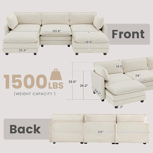 112'' Sectional Modular Cloud Couch, Oversized 5 Seat Couches U Shaped Sofa with 2 Movable Ottomans, 2 Throw Pillows, Upholstered Corduroy U Shape Comfy Deep Couches for Living Room and Office, Beige