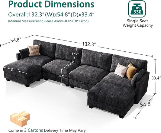 Modular Sectional U Shaped Sofa Couches for Living Room, Cloud Couch with Storage Ottoman, Comfy Chenille Sofa with Pillow, Black