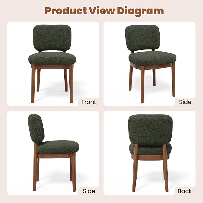 Wooden Dining Chairs Set of 4, Boucle Upholstered Kitchen Chairs with Solid Wood Legs, Mid Century Modern Dining Chairs, Farmhouse Side Chair with Hardwood Frame for Dining Room, Green