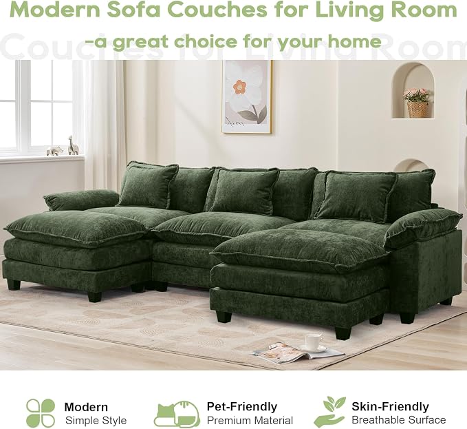 Oprisen 120" Modular Sectional Sofa, Comfy Cloud Couch Sectional Sofa with Ottoman, Chenille Sofa Sleeper Deep Seat Sofa with Throw Pillows for Living Room (Green, 120"- U Shape)