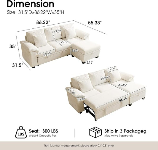 Modular Sectional Sleeper Sofa Bed, 86" Convertible Cloud Couch Bed, L Shaped 4 Seat Pull Out Couch with Storage Ottoman, Sectional Couches for Living Room, Apartment (Beige)