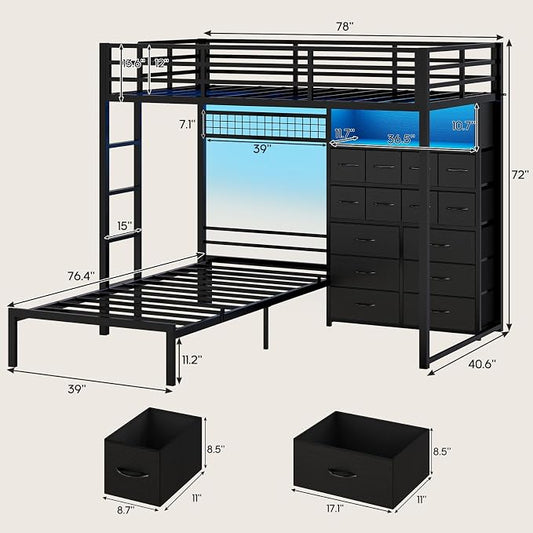 BTHFST Bunk Bed Twin Over Twin with 14 Storage Drawers & Bookshelf, Twin Bunk Beds with RGB LED Lights & Metal Grid Panel, Metal Bunk Beds for Kids with Safety Guardrails & Ladder, Black
