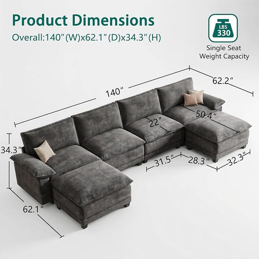 Modern U Shaped Sofa Couches for Living Room, Modular Sectional Cloud Couch with Movable Ottoman, Comfy Chenille Sofa for Apartment and Small Space, Dark Gray
