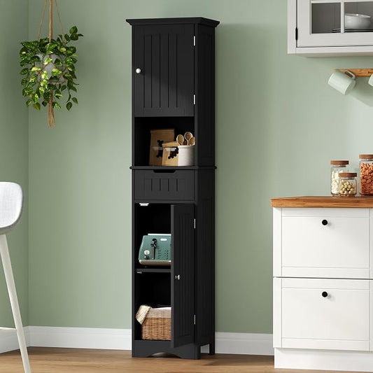 ChooChoo 67" Tall Bathroom Storage Cabinet, Narrow Bathroom Cabinet with 2 Doors and 1 Drawers, Freestanding Cupboard Floor Cabinet with Adjustable Shelves for Living Room, Kitchen, Black
