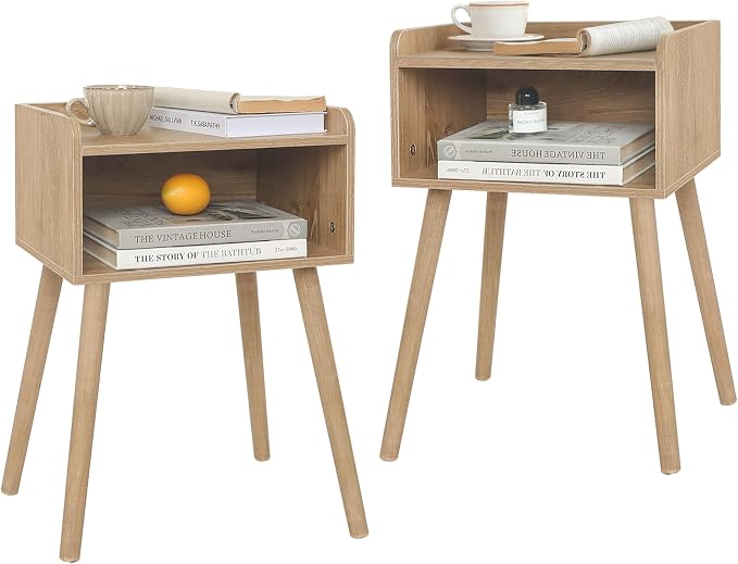 MaxSmeo End Tables Set of 2, Mid Century Modern Side Table Bedroom with Storage, Small Nightstands Set of 2 with Solid Wood Legs for Living Room, Office Small Spaces (Rustic Walnut)