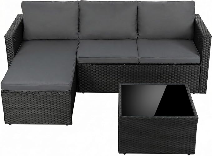 Shintenchi 4 Pieces Patio Furniture Set, 2-in-1 Convertible Sectional Sofa & Chaise Lounge, All-Weather Wicker Rattan Sofa Couch with Cushions & Coffee Table for Yard, Garden, Porch, Poolside (Gray)