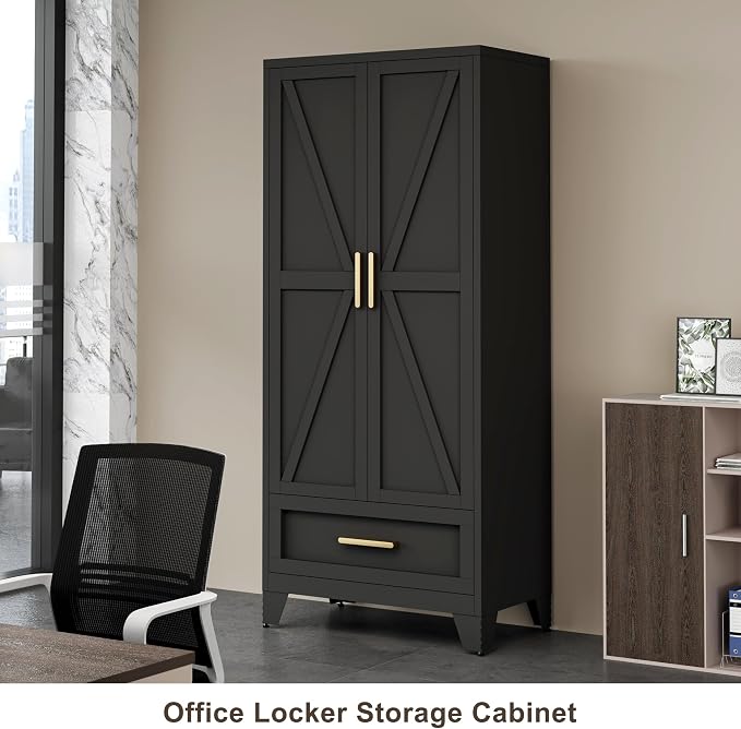 QINPTWUT 71" Tall Metal Wardrobe with Doors, Hanging Rod & Adjustable Shelf, Freestanding Steel Armoire for Bedroom Home Office, 1-Drawer Black