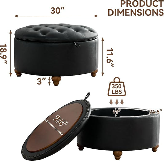 WUTUTUEE 30Inch Round Storage Ottoman with Tray, Modern Tufted Leather Circle Coffee Table with Storage, Upholstered Ottoman with Removable Top for Living Room, Bedroom, Leather Black