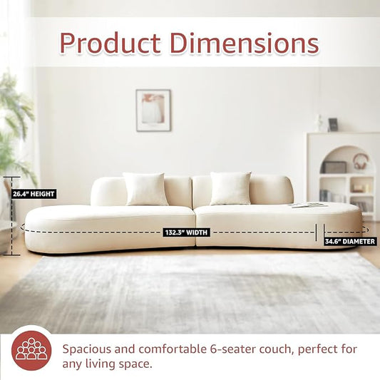 Container Furniture Direct 132" Curved Sofa with Throw Pillows, 6 Seater Luxury Velvet Couch with Half Moon Design and High-Density Foam, Ideal for Modern Living Room, Office & Apartment, Ivory