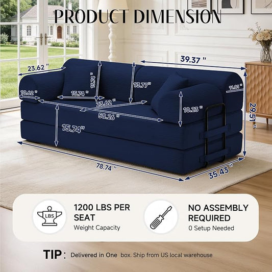 79'' Convertible Sofa Bed, 6 in 1 Folding Floor Futon Couch Sleeper with Fixed Frame, Corduroy Modular Sofa Bed with Removable Armrests & Pillows, No Assembly for Living Room Bedroom (Navy Blue)
