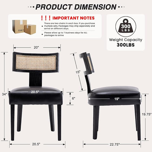 HNY Mid Century Modern Rattan Dining Chairs Set of 6, Farmhouse PU Leather Upholstered Accent Chair Curved Backrest Kitchen Chairs, with Black Hardwood Frame, Black