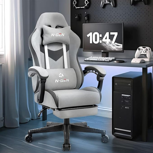 N-GEN GAMING Video Gaming Chair with Footrest Lumbar Support for Home Office High Back Recliner Height Adjustable Ergonomic Comfy Fabric Computer Desk Chair (Grey)