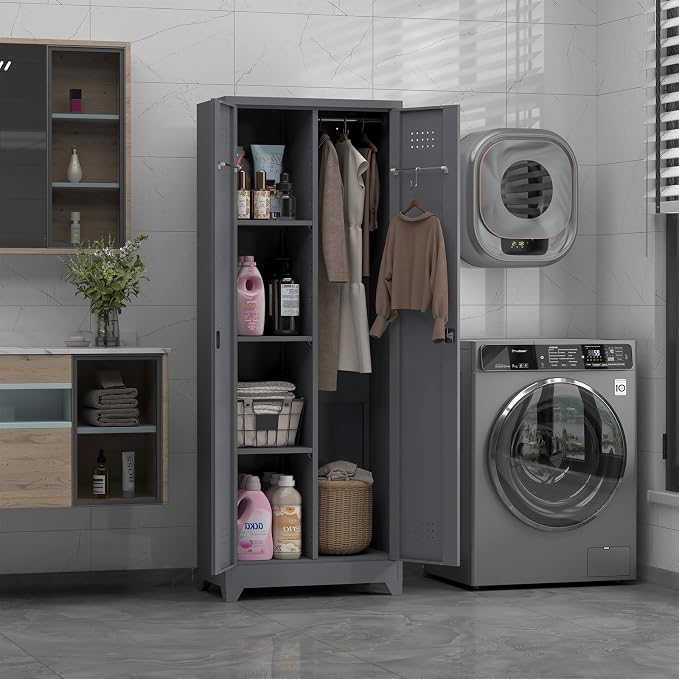 65''H Garage Storage Cabinets, Metal Locking Storage Cabinet with Doors and Shelves, Utility Closet Cabinet with Hanging Rod, Cleaning Storage for Kitchen, Office, Garage