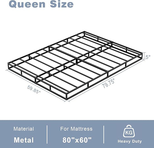 Tyndall 5 Inch Box Spring for Queen Bed, Heavy Duty Metal Queen Mattress Foundation with Fabric Cover, Low Profile Bed Base, Non-Slip, Noise-Free, Easy Assembly