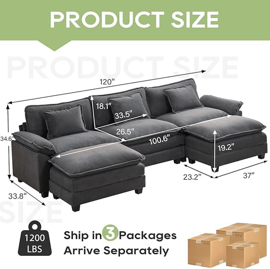 Oprisen 120" Modular Sectional Sofa, Comfy Cloud Couch Sectional Sofa with Ottoman, Chenille Sofa Sleeper Deep Seat Sofa with Throw Pillows for Living Room (Blue Gray, 120"- U Shape)