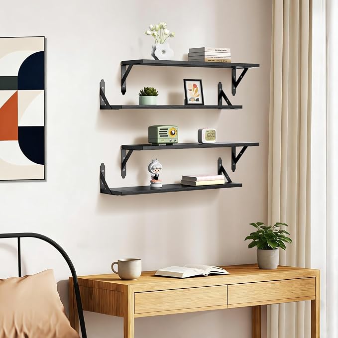 ROMGUAR CRAFT Wood Floating Shelves Set of 4, Rustic Storage Decor Wall Shelves, Wall Mounted Shelf for Living Room, Bedroom 23.6" x 6", Black
