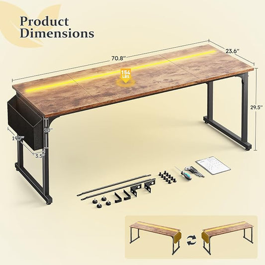 DurayLoly 71"Computer Desk with LED Lights, Large Office Desk for 3 monitors or 2 laptops,Long Desk with Storage Bag&Headphone Hook for Study Writing Work Gaming Desk,Sturdy Metal Frame,Bedroom,Brown
