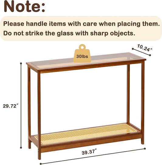 Bamboo Narrow Console Table, 39.4"(L) Wood Small Entryway Table with Rattan and Glass, Accent Slim Hallway Tables, Thin Sofa Side Tables for Hallway, Living Room, Bedroom, Foyer, Walnut