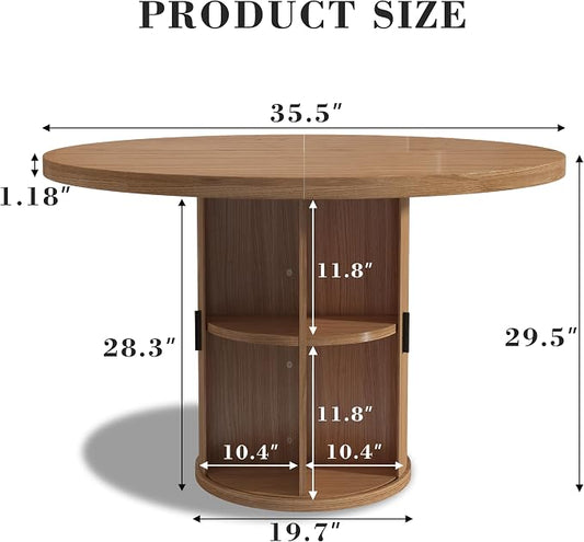 35.5'' Round Pedestal Dining Table, 2-4 Modern Fluted Dining Room Kitchen Table with Storage Shelf, Wood Base Dinner Tables for Kitchen, Breakfast Nook, Small Space, Living Room(Walnut)