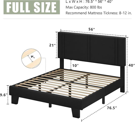 Feonase Full Size Platform Bed Frame, Fabric Upholstered Full Bed Frame, Solid Wood Slats & Heavy Duty Feet Support, No Box Spring Needed, Noise-Free, Easy Assembly, Black