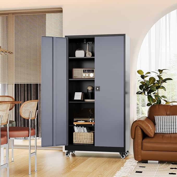 Fesbos Metal Rolling Storage Cabinet-74.6” Tall Steel File Cabinets with Wheels Lockable Doors and Adjustable Shelves-Black & Gray Steel Storage Cabinet for Home, School, Office, Garage