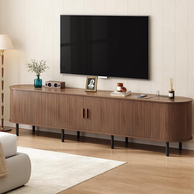 ONBRILL 94.5" TV Stand with Power Outlet for TVs up to 102 Inch, Entertainment Center with Storage and Adjustable Shelves, Modern Media Console with Sliding Doors for Living Room, Walnut