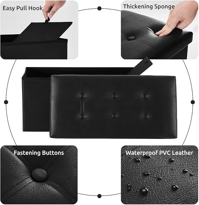 YOUDENOVA Folding Storage Ottoman, Faux Leather Ottoman Bench Footrest Ottoman, Storage Chest Padded Seat for Bedroom and Living Room, Black, 15" D x 30" W x 15" H