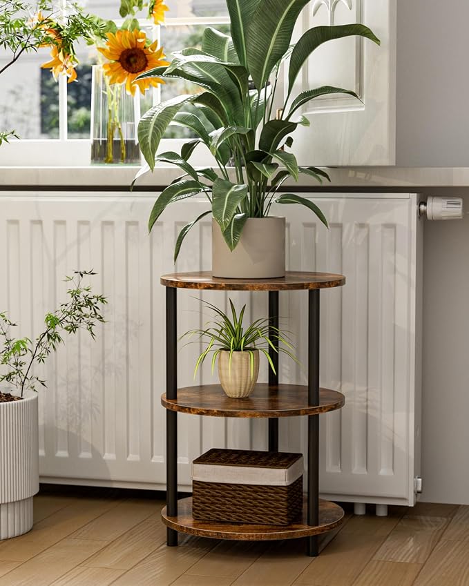 XBurmo Small Round Coffee Table - 3 Tier Design Accent Table, Narrow Side or Bedside Stand, Industrial Vintage Nightstand for Bedroom, Living Room, or Small Spaces, Rustic Brown