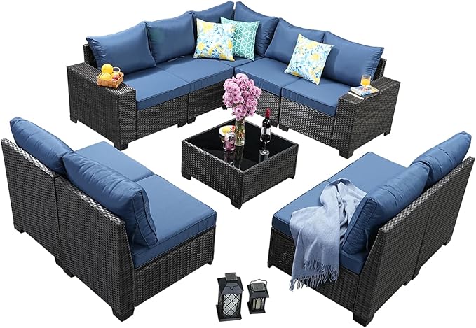 Jing's Villa 10-Piece Patio Furniture Set, All-Weather Outdoor Wicker Sectional Sofa with Cushions, Glass Table & Left and Right Armrest, Rattan Conversation Seating for Porch, Garden, Backyard,Navy