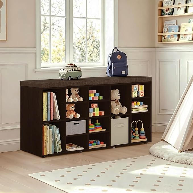 DINZI LVJ Shoe Storage Bench, 20-Cubby Shoe Rack Bench with Cushion, Fully Adjustable Shelves, Shoe Organizer for Closet, Entryway, Mudroom, Hallway and Garage, Espresso