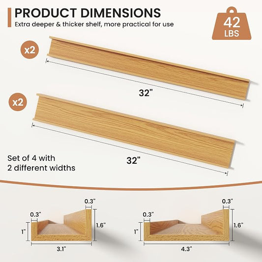 Fun Memories Picture Ledge Shelves Set of 4, 32 Inch Rustic Wall Mounted Floating Shelves with Lip for Home Storage and Décor in Bathroom, Kitchen, Nursery, Bedroom, Living Room, Oak