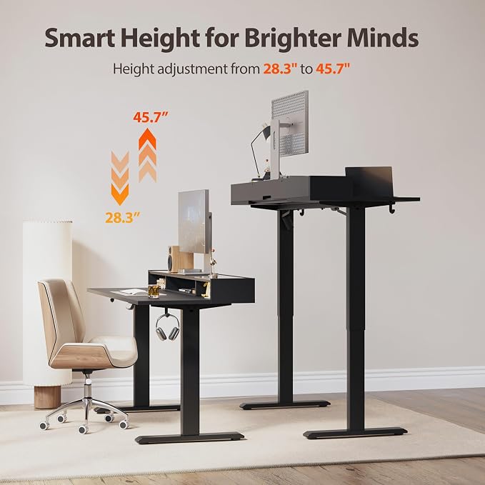 Agilestic 48 x 24 Inches Electric Standing Desk with Storage, Adjustable Height Sit and Stand Computer Table with Glass Shelf, Splice Board, Black