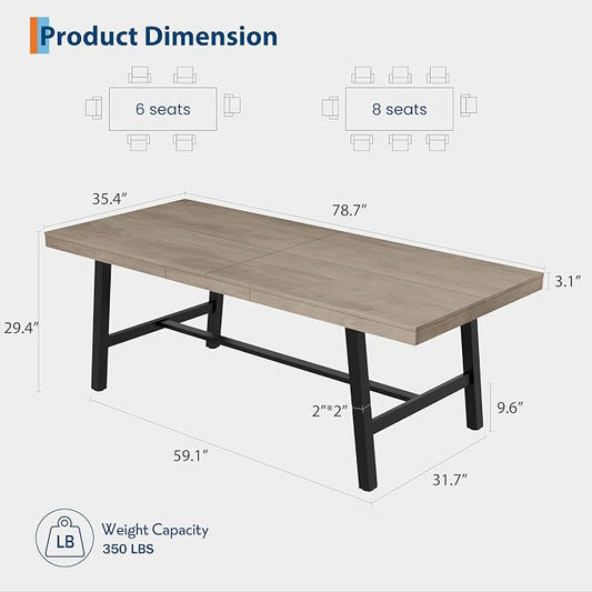 GarveeHome Industrial Dining Table for 6-8 People, 78.74" Long Large Kitchen Table with Sturdy Metal Frame, Rectangular Counter for Dinner, Kitchen, Dining Room (Grey, 79" Non-extendable)