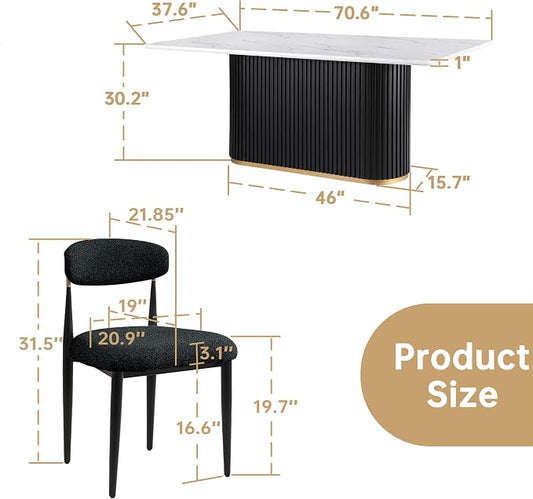 Morden Fort Marble Dining Table Set for 6, 70" Kitchen Table with White Rectangle Top and Black Fluted Base, 6 Modern Upholstered Chairs for Dining Room, Restaurant and Reception