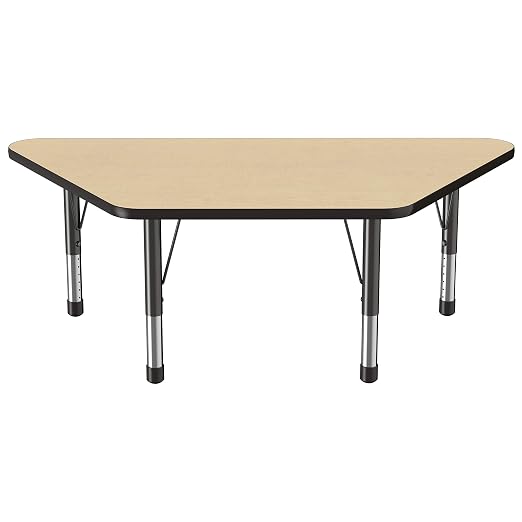 FDP Trapezoid Activity School and Classroom Kids Table (30 x 60 inch), Chunky Toddler Legs for Collaborative Seating Environments, Adjustable Height 15-24 inches - Maple Top and Black Edge