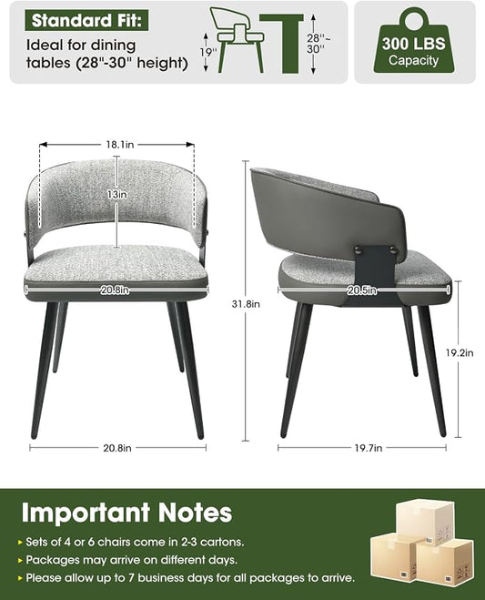 Dining Chairs Set of 4, Modern Upholstered Kitchen & Dining Room Chairs with Breathable Woven Fabric and Faux Leather Accents, Curved Open Back & Metal Legs (Gray Woven, Set of 4)