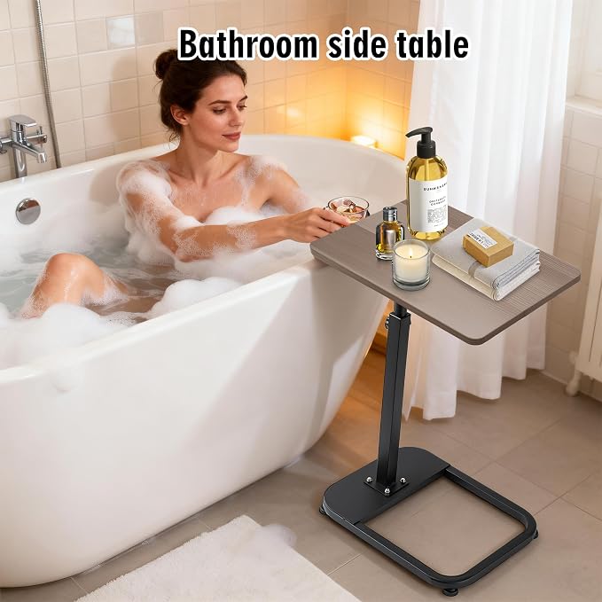 facka Adjustable Gray TV Tray Table with Rounded Metal Corners, C-Shaped Snack Table for Couch, Sofa, Bed or Chair, Small Space Side Table for Eating, Dinner, or Laptop Use