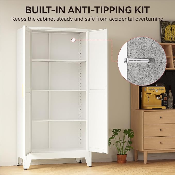 COFaR 61" Metal Pantry Cabinet with Adjustable Shelves, White Storage Cabinet with Doors and Shelves, Sturdy Freestanding Cupboard for Kitchen Pantry, Bathroom Storage, Living Room & Office