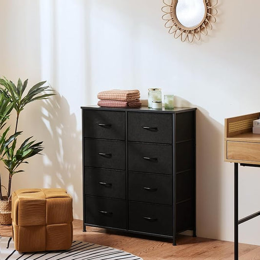 OLIXIS 8 Drawer Dresser for Bedroom, Wide Fabric Storage Tower with Wooden Top and Metal Frame, Closet Chest Organizer Furniture, Living Room Hallway, Black