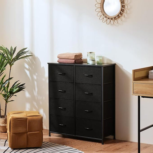 OLIXIS 8 Drawer Storage Dresser with Wood Top - Wide Fabric Chest Organizer for Bedroom, Closet, Living Room,Tower Cabinet, TV Stand, Hallway Entryway Furniture,Black