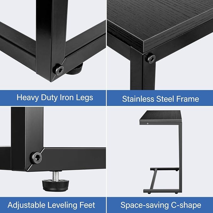 YSSOA Hardwood Surface C Shaped Sofa Side End Snack Desk, 13.75" x 21.75" x 27", Wooden, Black