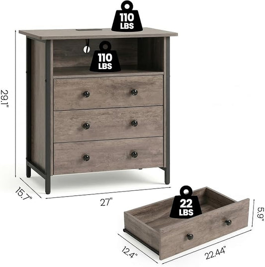 27 Inch LED Nightstand with Charging Station & 3 Drawers, Gray | Solid Wood and Steel Frame, 2 AC Outlets, 2 USB Ports, RGB App Control, Open Storage, Adjustable Feet, for Bedroom or Office