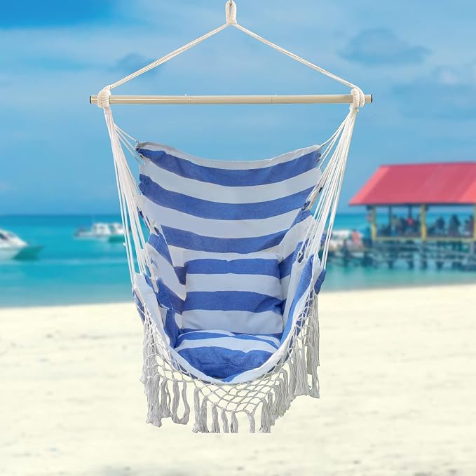 YAERSI Hammock Chair, Hanging Rope Swing Seat with 2 Cushions,Macrame Hanging Chair Side Pocket with High Load-Bearing Metal Rod,for Indoor, Outdoor, Extra Comfortable